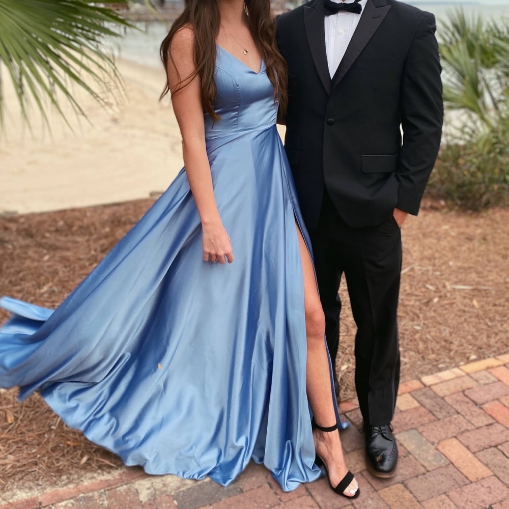 gorgeous satin blue dress !! only worn once !!